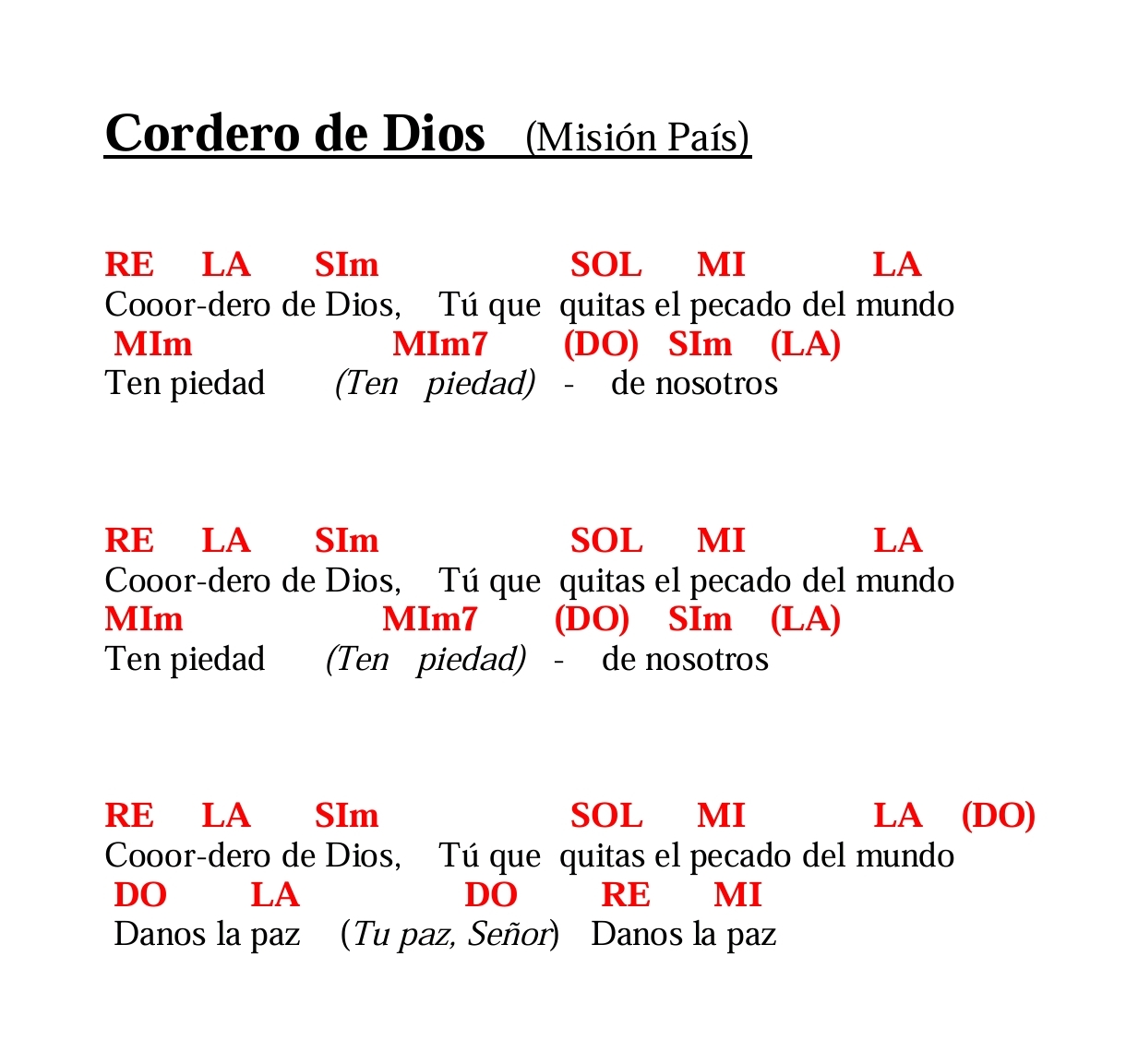 Acordes de CORDERO (Misión Pais)